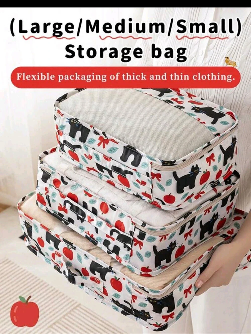 Cat & Apple Packing Cube Set - White with Black and Red Print